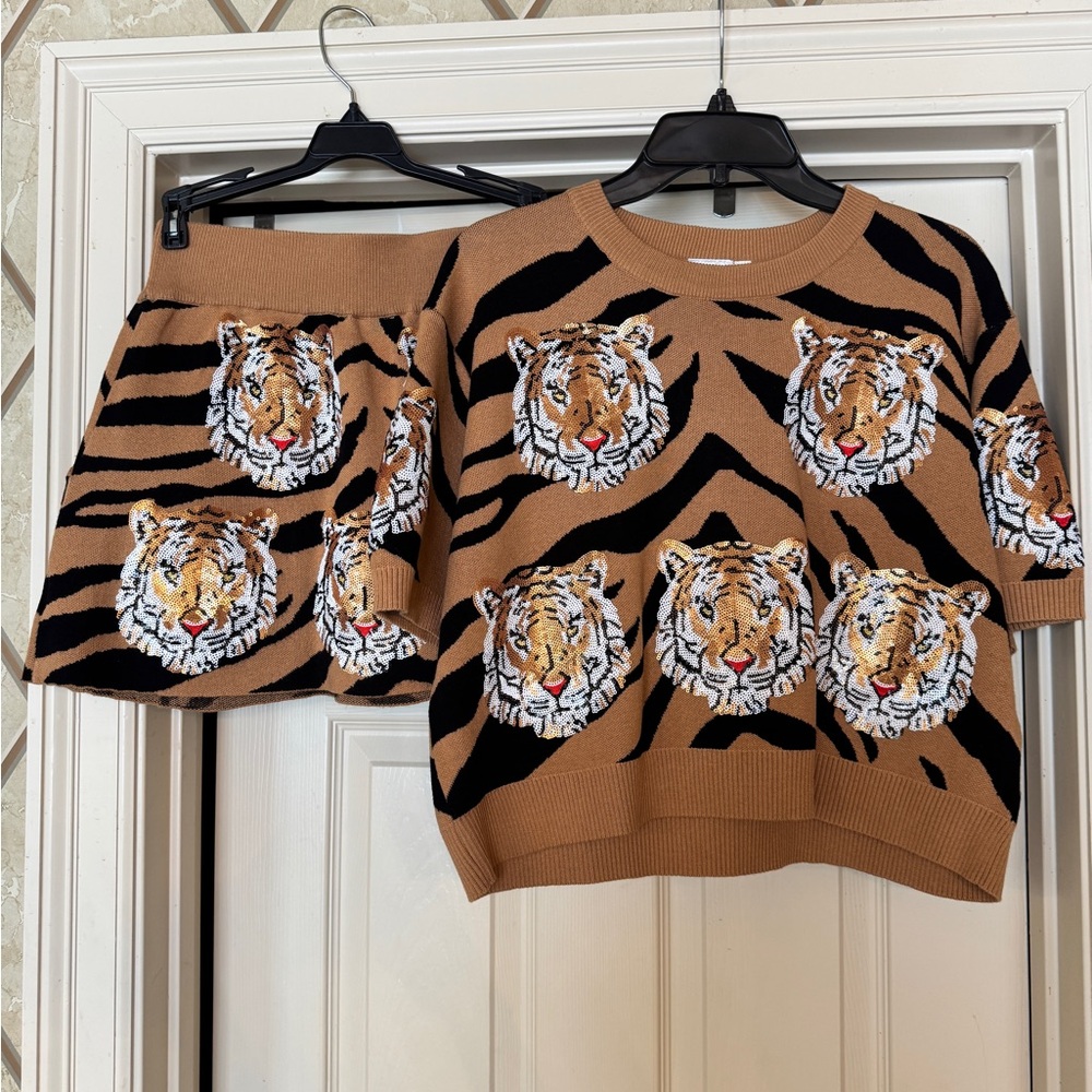 QUEEN OF SPARKLES Tan and Black Tiger Knit Skirt Set - Picture 2 of 7